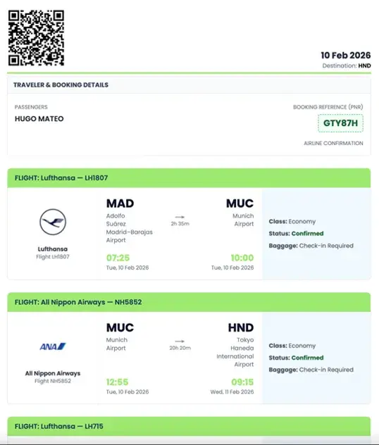 Sample dummy flight itinerary by Flightika for visa applications